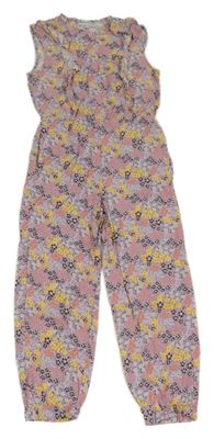 Světlerůžový kalhotový overal s kytičkami a volánky POCOPIANO