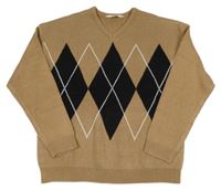Hnědo-černo-bílý pletený svetr s károvaným vzorem H&M