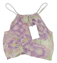 Nové - bílo-fialovo-světlerůžovo-zelený batikovaný plátěný halenkový crop top s průstřihem ZARA