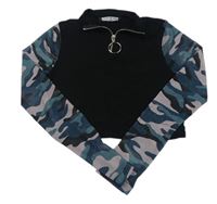 Černé crop triko s army síťovanými rukávy Select