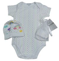 3set - Bílé puntíkaté body + bavlněná čepice s obrázky + puntíkaté rukavičky