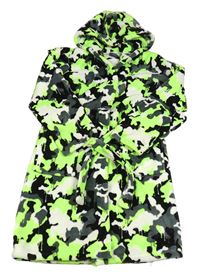 Bílo-šedo-neonově zelený army chlupatý župan s kapucí Next