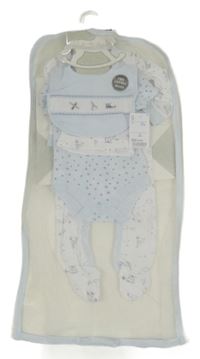 Nové - 4set - Býlý overal s letadly + světlemodré body s hvězdami + slinták + bavlněná čepice 