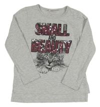 Světlešedé melírované triko s kočkou a nápisem z překlápěcích flitrů LC Waikiki