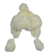 Smetanová pleteno/kožešinová čepice s bambulemi