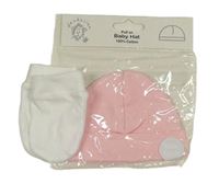 2set - Růžová bavlněná čepice + bílé rukavičky