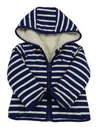 Tmavomodro-smetanová pruhovaná zateplená oboustranná mikina s kapucí Joules