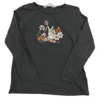Antracitové triko s králíkem a květinami H&M