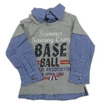 Šedé melírované triko s nápisem a kostkovanou košilí Topomini