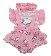 2set - Růžovo-bílé body se slony a volánky + čelenka s mašlí