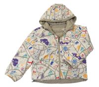 Smetanová šusťáková zateplená oboustranná funkční bunda s obrázky a kapucí The North Face