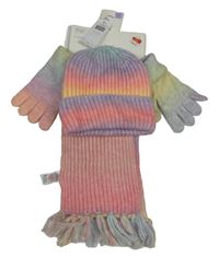 Nové - 3set - Duhová pletená čepice + šála s třásněmi + prstové rukavice F&F