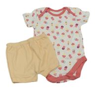 2 set - Bílo-růžové vzorované body se zmrzlinami + vanilkové kraťasy 