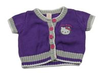 Fialová pletená propínací vesta s šedým lemem a Hello Kitty 