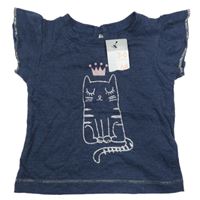 Nové - tmavomodré tričko s kočkou Primark