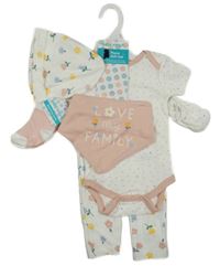 6set - bílé legíny s kvítky + bílé puntíkaté body + slinták + čepice + ponožky + rukavice 