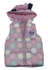 Fialovo-růžovo-bílá puntíkatá šusťáková zateplená vesta s Minnie a kapucí Disney