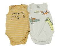 2set - 2x body - bílé se zvířátky + oranžové pruhované s tygrem C&A