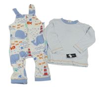 2set - Bílé laclové tepláky s podmořským světem + bílo-modré pruhované triko Dunnes Stores