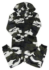 Khaki-šedo-černo-bílá army plyšová kombinéza s kapucí 