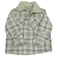 Bílo-šedo-béžová kostkovaná manšestrová zateplená košilová bunda s límečkem s beránkem zn.tu