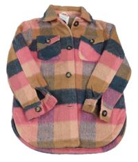 Růžovo-tmavomodro-okrová kostkovaná flaušová košilová bunda zn. Primark