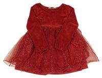 Červené žinylkové šaty s tylovou třpytivou sukní a volánky H&M
