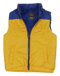 Žluto-tmavomodrá šusťáková zateplená vesta 