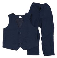 2Set - Tmavomodré kostkované společenské kalhoty + kostkovaná vesta H&M