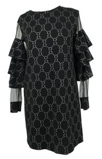 Dámské černo-stříbrné vzorované šaty s tylovými rukávy s volánky 