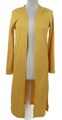 Dámský žlutý žebrovaný dlouhý úpletový cardigán