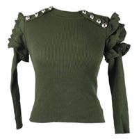 Dámský khaki žebrovaný crop svetr s volánky 