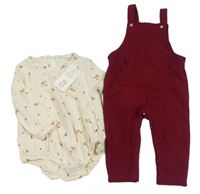 2set- Vínové žebrované laclové tepláky+ bílé body s obrázky F&F