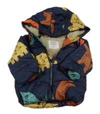 Tmavomodrá šusťáková zimní bunda s dinosaury a kapucí zn. F&F