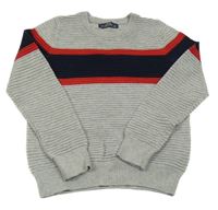 Šedo-modro-červený pruhovaný svetr