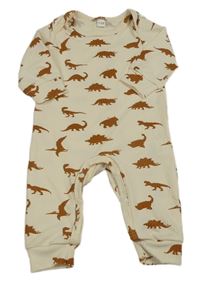 Světlebéžový žebrovaný overal s dinosaury 