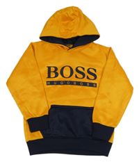 Oranžovo-tmavomodrá mikina s kapucí a logem Hugo Boss 