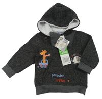 Nové - Tmavošedá melírovaná pletená mikina se zvířaty a kapucí 