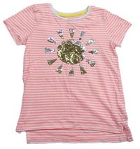 Neonově růžovo-bíé pruhované tričko se sluníčkem z flitrů Nutmeg 