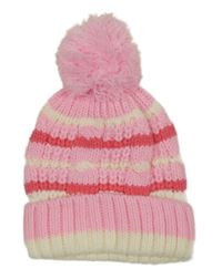 Růžovo-bílá pruhovaná pletená čepice s bambulí 