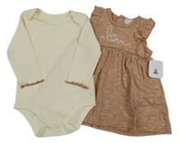 Nové - 2set - Béžové melírované šaty + smetanové body René Rofé
