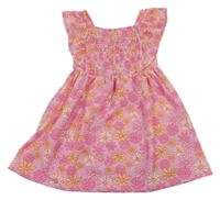 Růžovo-oranžové kytičkované žabičkové šaty Primark 