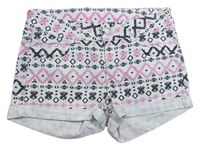 Bílo-černo-růžové vzorované riflové kraťasy se srdíčky zn. H&M