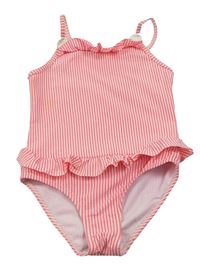 Křiklavě korálovo-bílé pruhované krepové jednodílné plavky s květy a volánky PRIMARK