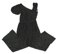 Černo-stříbrný pruhovaný kalhotový culottes slavnostní asymetrický overal Tu