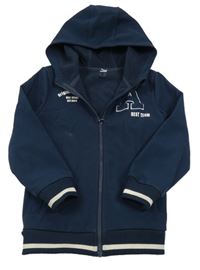 Tmavomodrý softshellový bombers s písmenkem a nápisy a kapucí