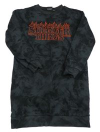 Černo-tmavošedé batikované teplákové šaty s nápisy - Stranger Things C&A
