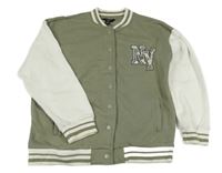 Khaki-smetanová baseballová mikina s písmenky a pruhy New Look