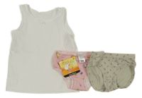Nové - 3Set - Bílá košilka s mašličkou + 2x - kalhotky - růžové se zvířátky a jahůdkami, šedobéžové vzorované s třešničkami 