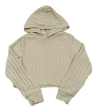 Světlebéžová žebrovaná úpletová crop mikina s kapucí SHEIN